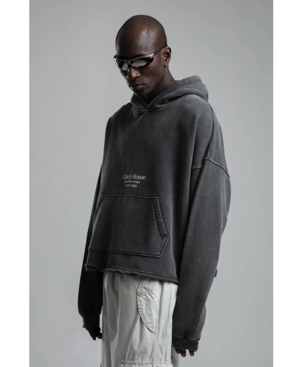 Owersize Arkası 03 Baskılı Kapüşonlu Yıkamalı Sweatshirt -Füme