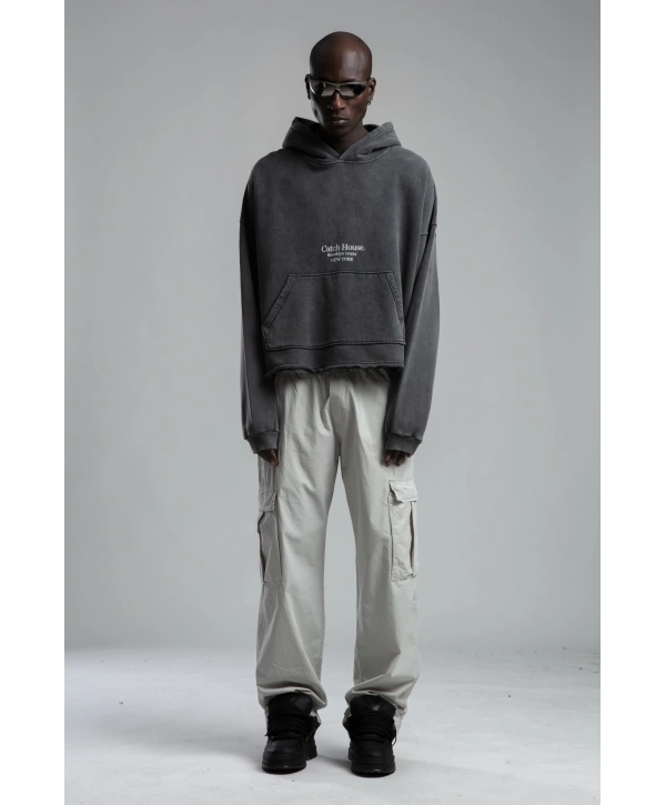 Owersize Arkası 03 Baskılı Kapüşonlu Yıkamalı Sweatshirt -Füme