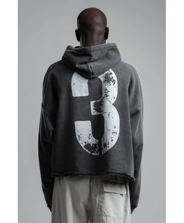 Owersize Arkası 03 Baskılı Kapüşonlu Yıkamalı Sweatshirt -Füme