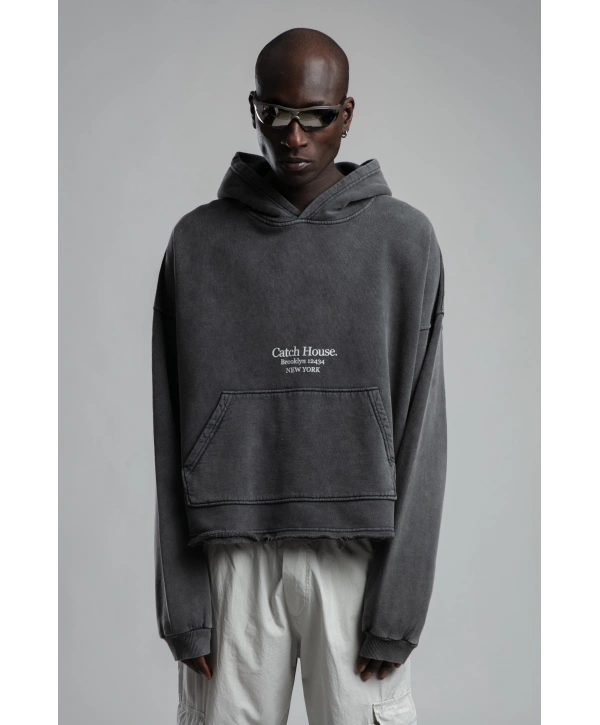 Owersize Arkası 03 Baskılı Kapüşonlu Yıkamalı Sweatshirt -Füme