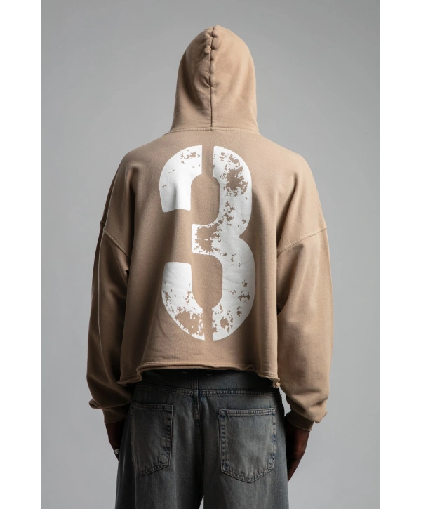 Owersize Arkası 03 Baskılı Kapüşonlu Yıkamalı Sweatshirt -Kremrengi