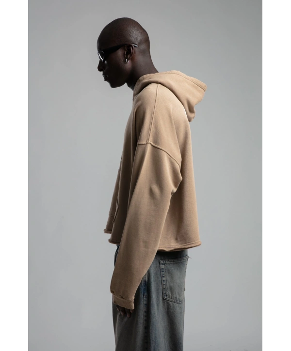 Owersize Arkası 03 Baskılı Kapüşonlu Yıkamalı Sweatshirt -Kremrengi