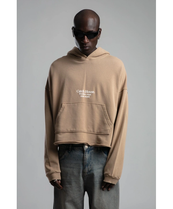 Owersize Arkası 03 Baskılı Kapüşonlu Yıkamalı Sweatshirt -Kremrengi