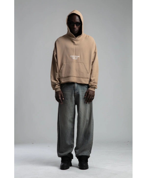 Owersize Arkası 03 Baskılı Kapüşonlu Yıkamalı Sweatshirt -Kremrengi