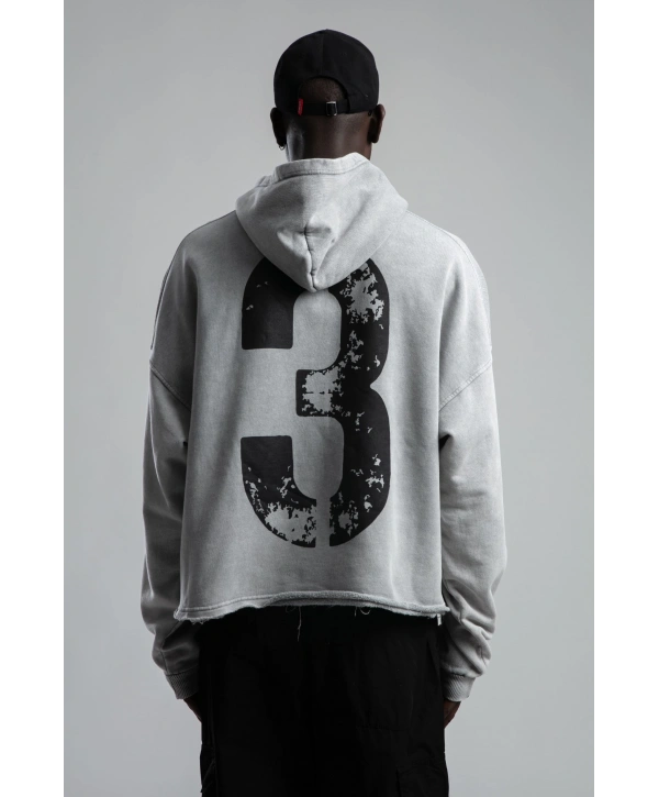 Owersize Baskılı Bisiklet Yaka Kapüşonlu Yıkamalı Sweatshirt -Gri