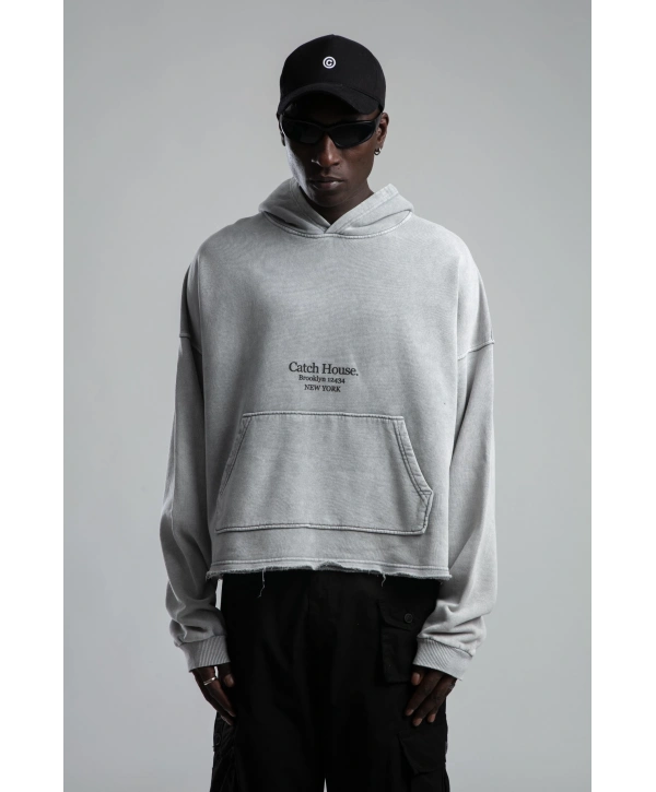 Owersize Baskılı Bisiklet Yaka Kapüşonlu Yıkamalı Sweatshirt -Gri