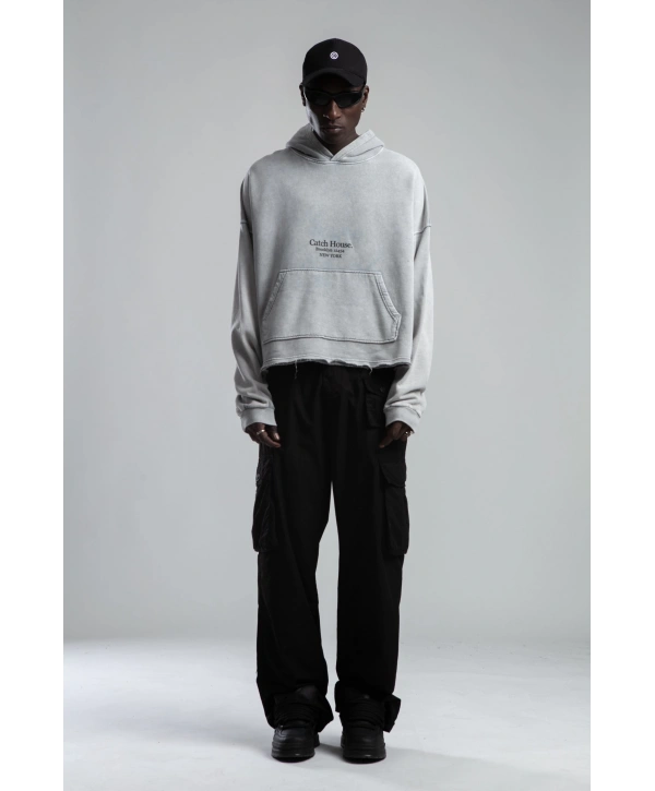 Owersize Baskılı Bisiklet Yaka Kapüşonlu Yıkamalı Sweatshirt -Gri