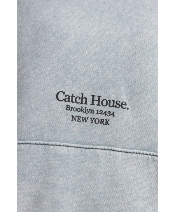 Owersize Baskılı Bisiklet Yaka Kapüşonlu Yıkamalı Sweatshirt -Gri