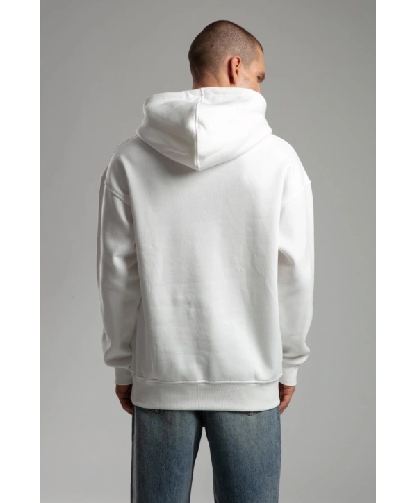 Owersize İçi Şardonlu Kapüşonlu Baskılı Sweatshirt -Beyaz