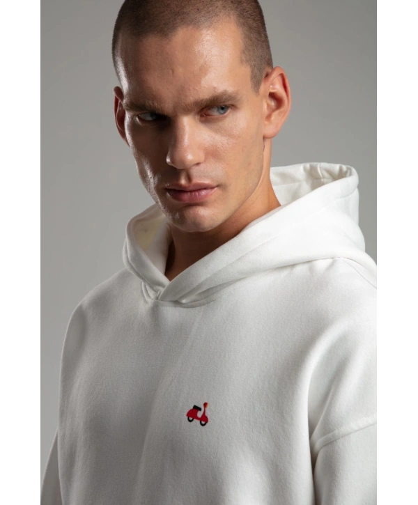 Owersize İçi Şardonlu Kapüşonlu Baskılı Sweatshirt -Beyaz