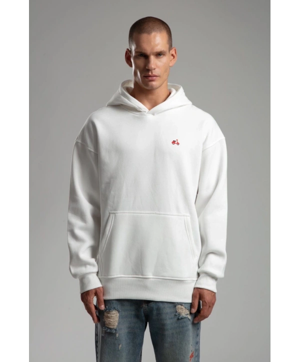 Owersize İçi Şardonlu Kapüşonlu Baskılı Sweatshirt -Beyaz