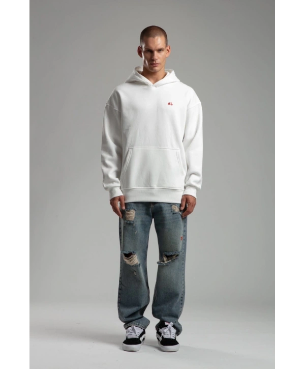 Owersize İçi Şardonlu Kapüşonlu Baskılı Sweatshirt -Beyaz