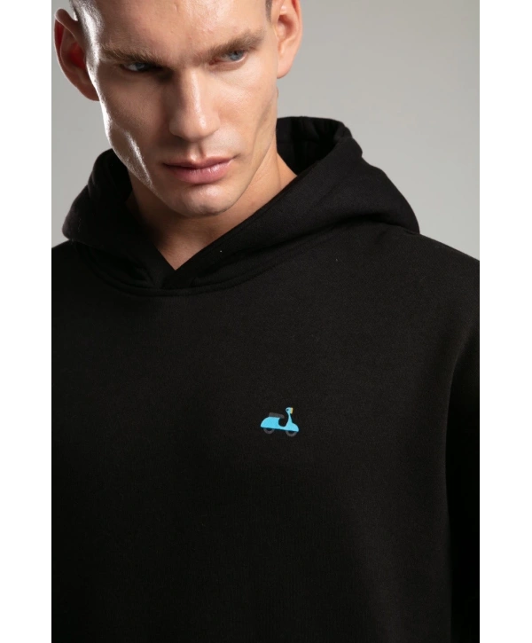 Owersize İçi Şardonlu Kapüşonlu Baskılı Sweatshirt -Siyah