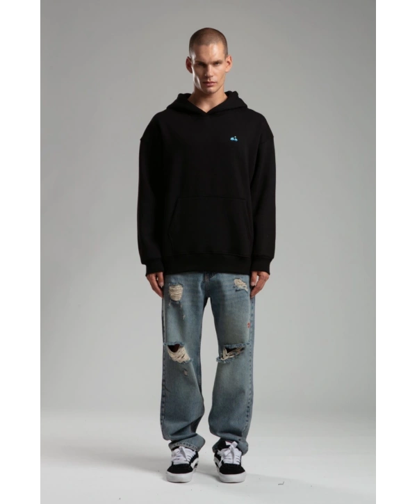 Owersize İçi Şardonlu Kapüşonlu Baskılı Sweatshirt -Siyah