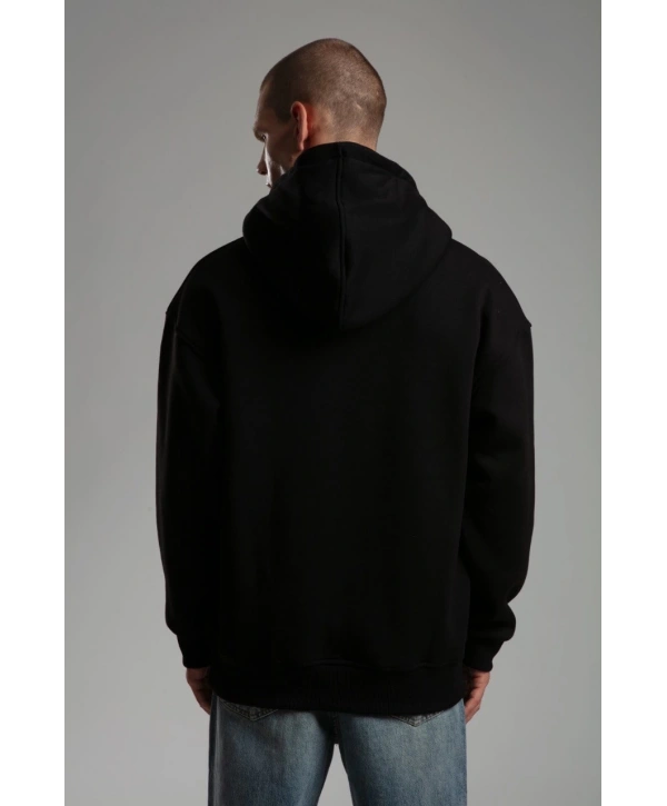 Owersize İçi Şardonlu Kapüşonlu Baskılı Sweatshirt -Siyah
