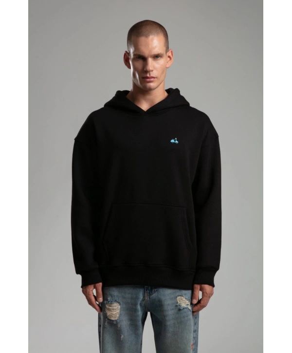 Owersize İçi Şardonlu Kapüşonlu Baskılı Sweatshirt -Siyah