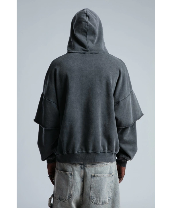 Owersize Kapüşonlu Yıkamalı Sweatshirt -Füme