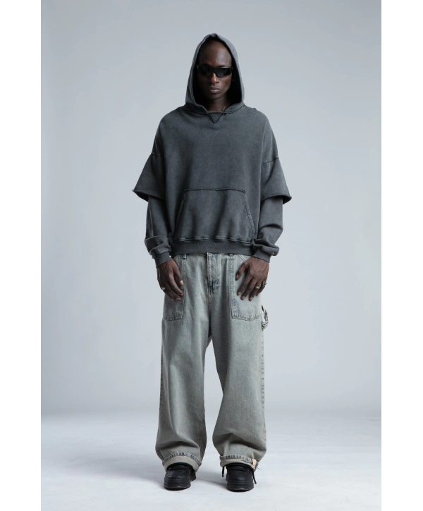Owersize Kapüşonlu Yıkamalı Sweatshirt -Füme