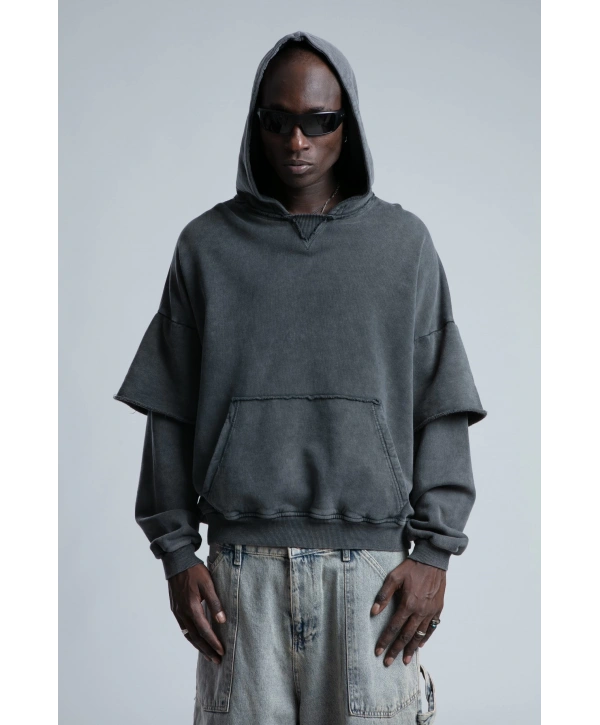 Owersize Kapüşonlu Yıkamalı Sweatshirt -Füme