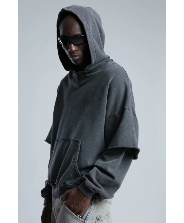Owersize Kapüşonlu Yıkamalı Sweatshirt -Füme
