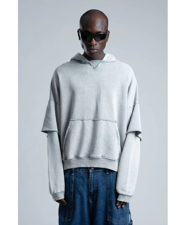 Owersize Kapüşonlu Yıkamalı Sweatshirt -Gri
