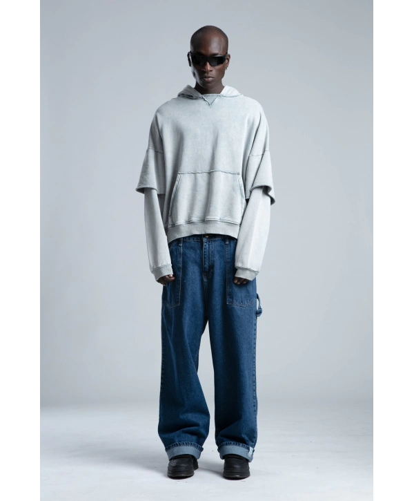 Owersize Kapüşonlu Yıkamalı Sweatshirt -Gri