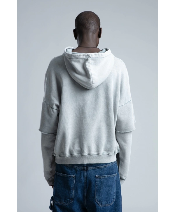 Owersize Kapüşonlu Yıkamalı Sweatshirt -Gri