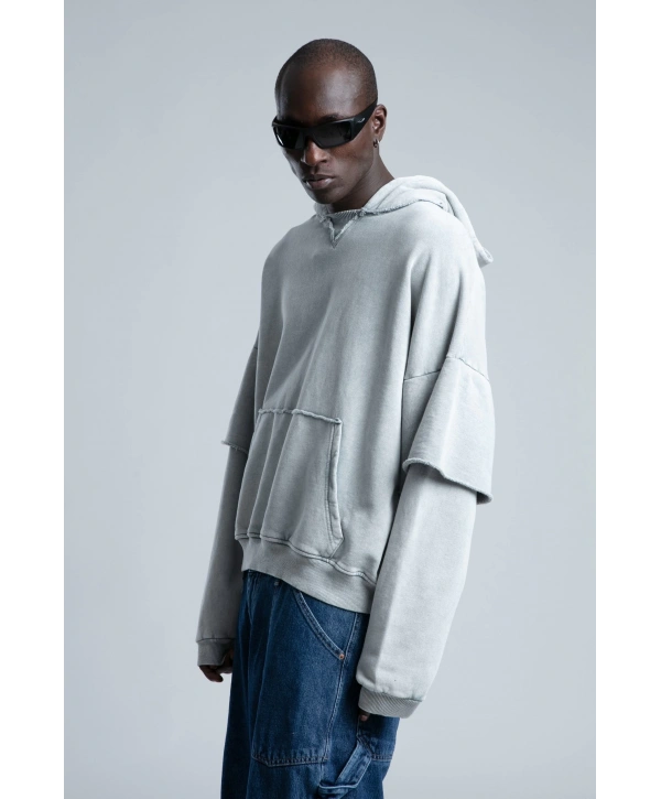 Owersize Kapüşonlu Yıkamalı Sweatshirt -Gri