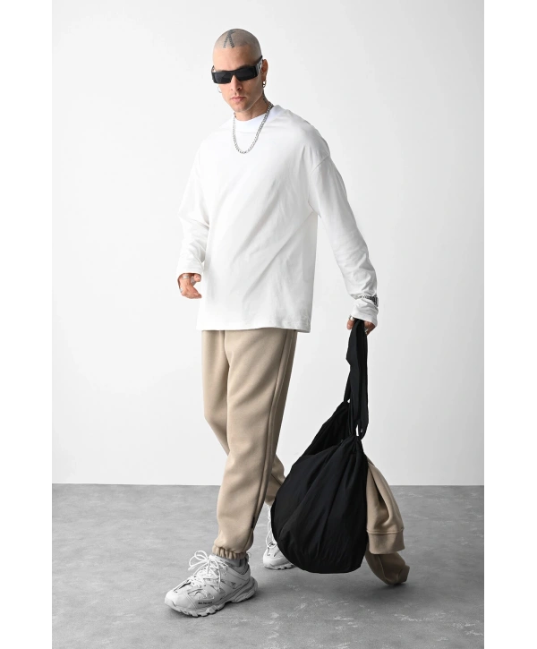 Paçası Lastikli İçi Şardonlu Basic Eşofman - Taş