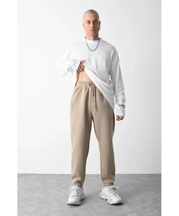 Paçası Lastikli İçi Şardonlu Basic Eşofman - Taş