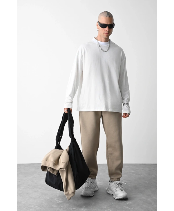 Paçası Lastikli İçi Şardonlu Basic Eşofman - Taş