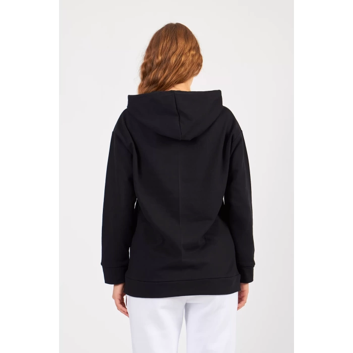 Bisiklet Yaka Owersıze Kapüşonlu All Baskılı Sweatshirt -Siyah