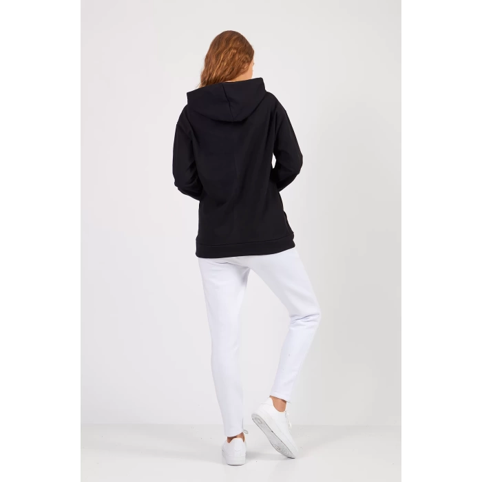 Bisiklet Yaka Owersıze Kapüşonlu All Baskılı Sweatshirt -Siyah
