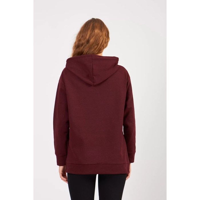 Bisiklet Yaka Owersıze Kapüşonlu All Baskılı Sweatshirt -Kahverengi