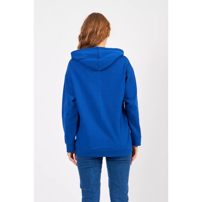 Bisiklet Yaka Owersıze Kapüşonlu Sweatshirt -Mavi