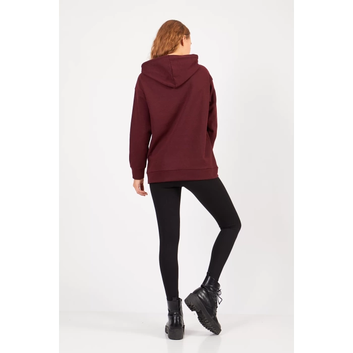 Bisiklet Yaka Owersıze Kapüşonlu All Baskılı Sweatshirt -Kahverengi