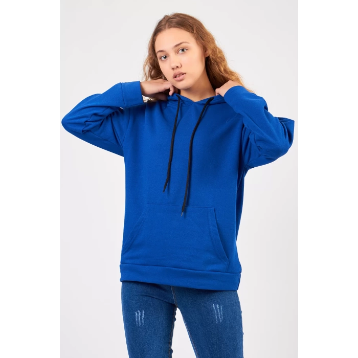 Bisiklet Yaka Owersıze Kapüşonlu Sweatshirt -Mavi