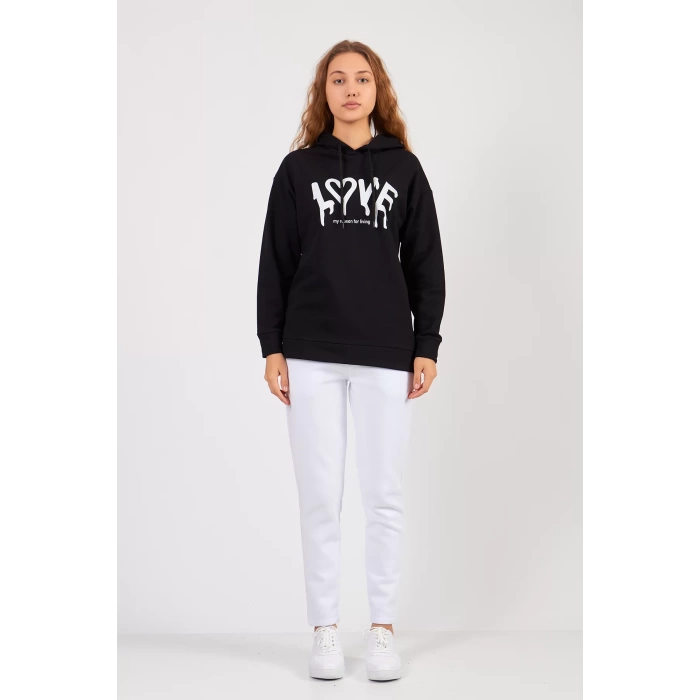 Bisiklet Yaka Owersıze Kapüşonlu Love Baskılı Sweatshirt -Siyah