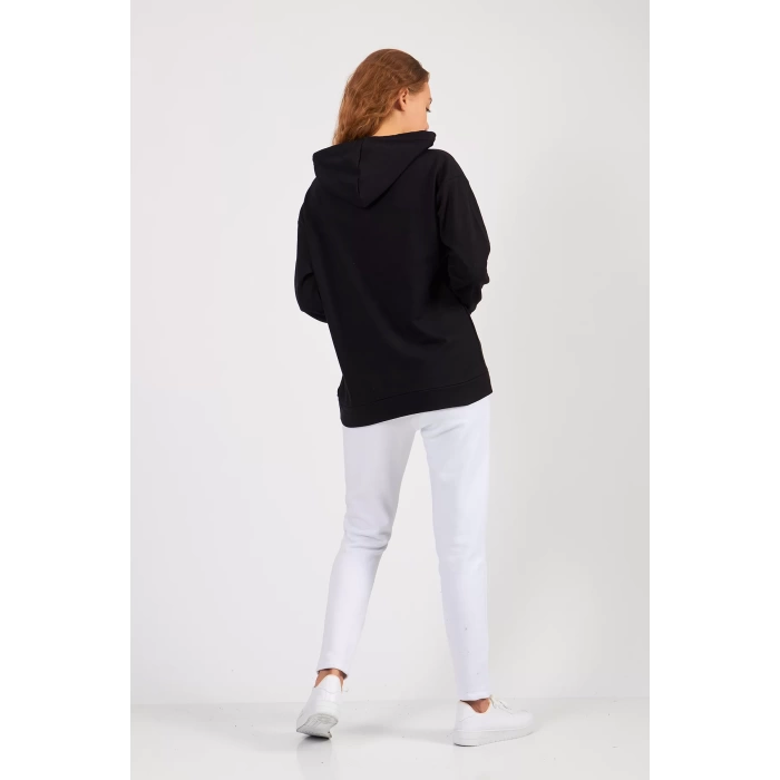Bisiklet Yaka Owersıze Kapüşonlu Love Baskılı Sweatshirt -Siyah