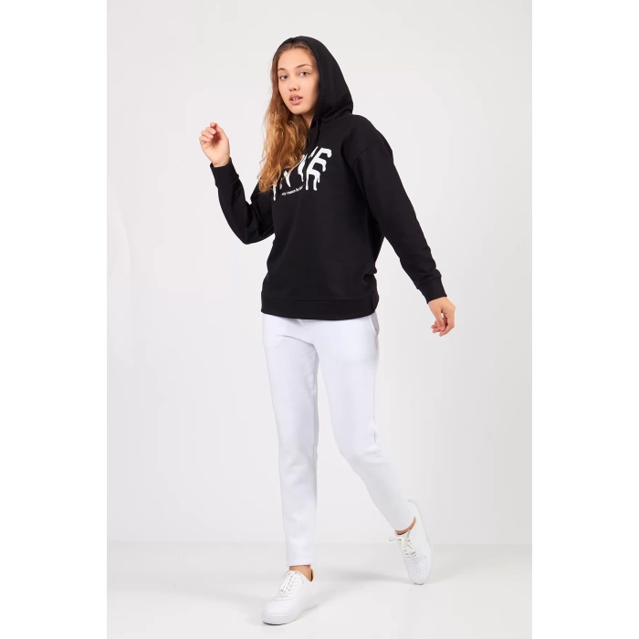 Bisiklet Yaka Owersıze Kapüşonlu Love Baskılı Sweatshirt -Siyah