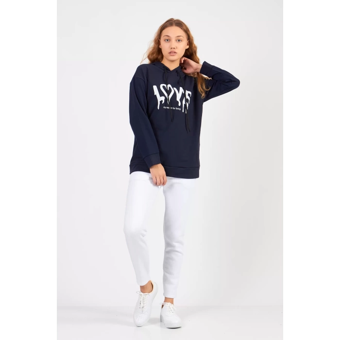 Bisiklet Yaka Owersıze Kapüşonlu Love Baskılı Sweatshirt -Lacivert
