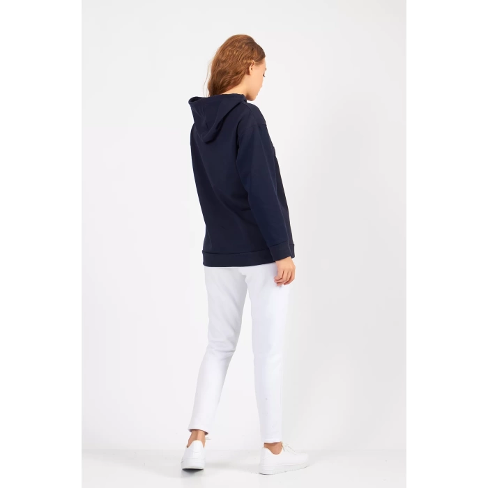 Bisiklet Yaka Owersıze Kapüşonlu Love Baskılı Sweatshirt -Lacivert