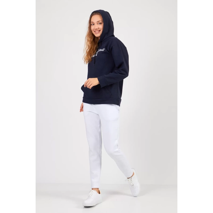 Bisiklet Yaka Owersıze Kapüşonlu All Baskılı Sweatshirt -Lacivert