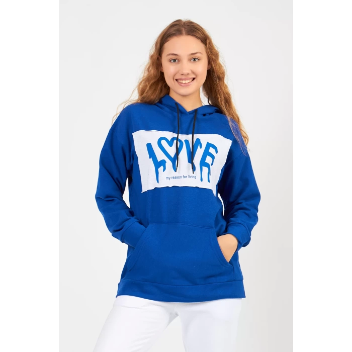 Bisiklet Yaka Owersıze Kapüşonlu Love Baskılı Sweatshirt -Mavi