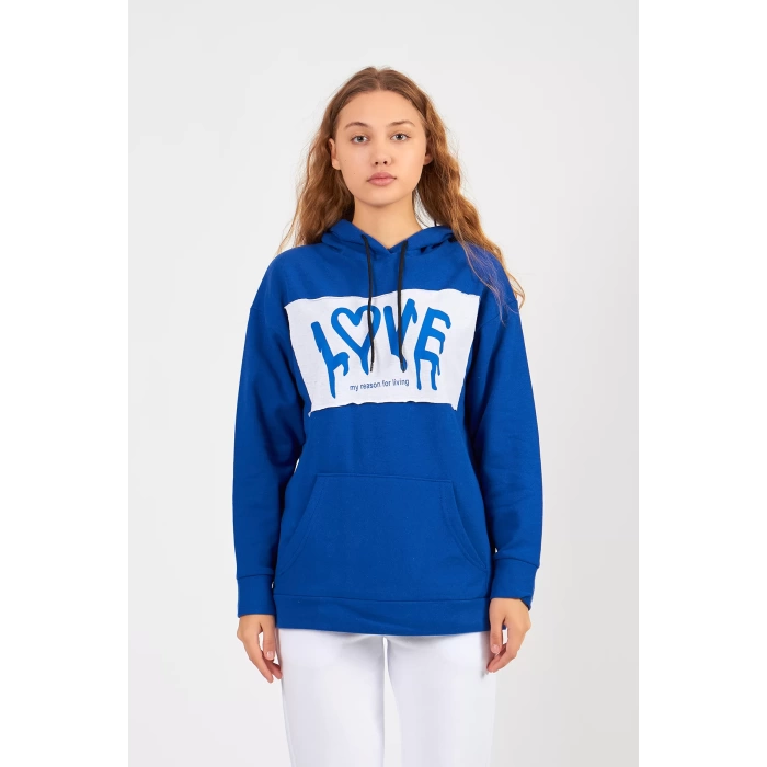 Bisiklet Yaka Owersıze Kapüşonlu Love Baskılı Sweatshirt -Mavi