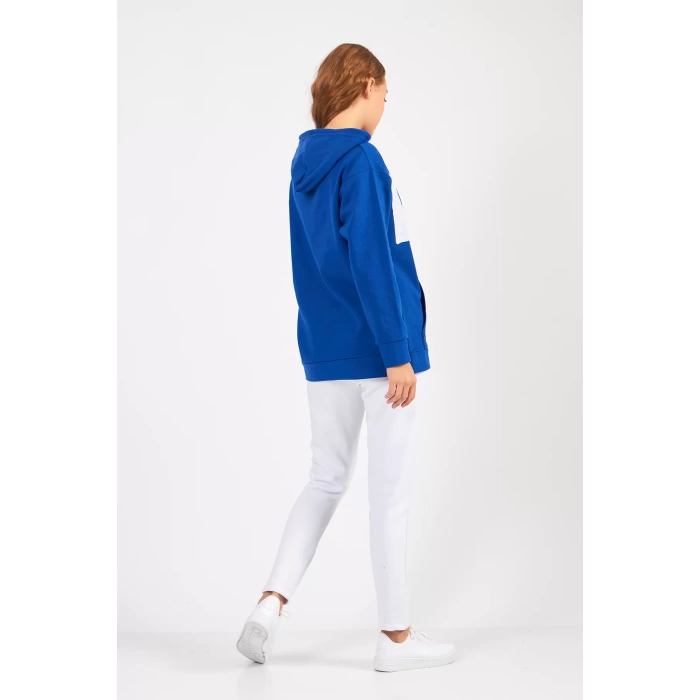 Bisiklet Yaka Owersıze Kapüşonlu Love Baskılı Sweatshirt -Mavi