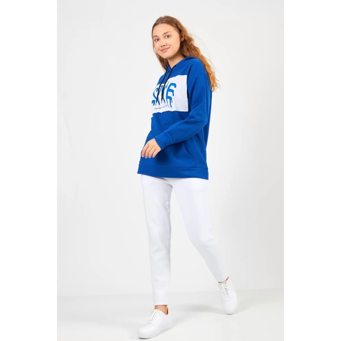 Bisiklet Yaka Owersıze Kapüşonlu Love Baskılı Sweatshirt -Mavi