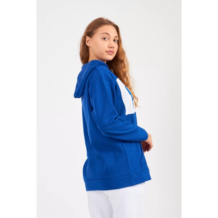 Bisiklet Yaka Owersıze Kapüşonlu Love Baskılı Sweatshirt -Mavi
