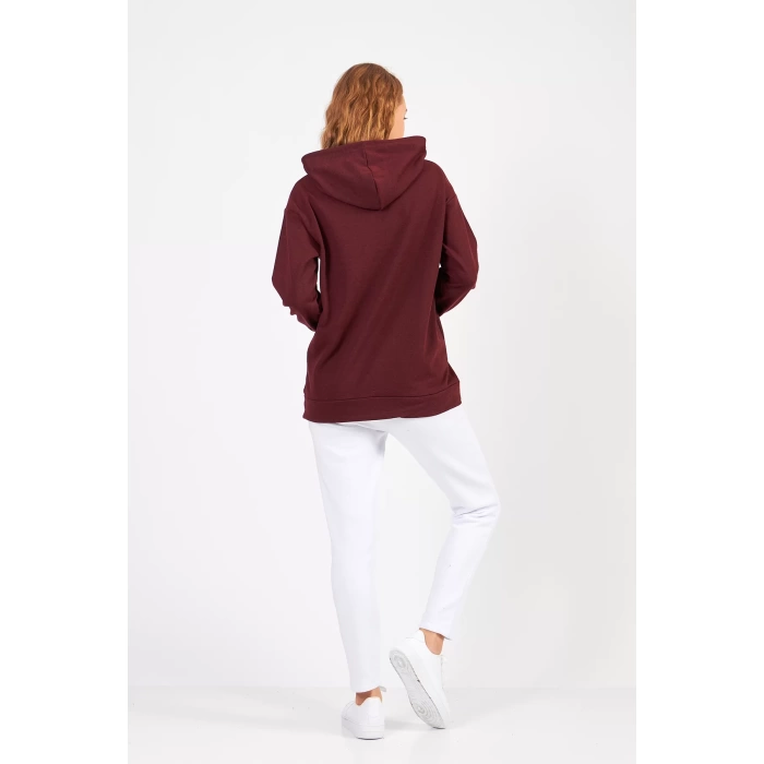 Bisiklet Yaka Owersıze Kapüşonlu Love Baskılı Sweatshirt -Kahverengi
