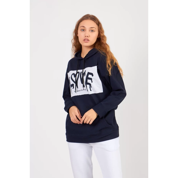 Bisiklet Yaka Owersıze Kapüşonlu Love Baskılı Sweatshirt -Lacivert